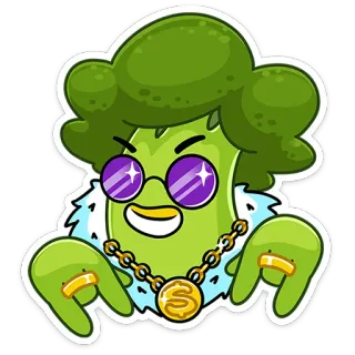 😎 브로콜리, 만화, 안경, 돈, 체인, 보석, 멋짐, 갱스터 telegram sticker