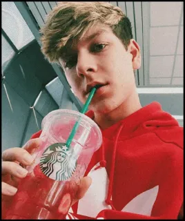 🎼 starbucks, bé trai, đang uống, áo hoodie, đỏ telegram sticker