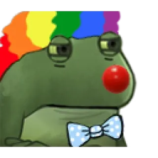 😂 カエル, ピエロ, 悲しい, 蝶ネクタイ, 赤い鼻, 虹色のウィッグ telegram sticker