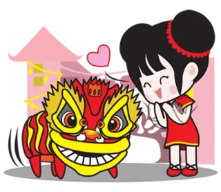 ❤ Löwentanz, Chinesisches Neujahr, Asiatisches Mädchen, Rot, Traditionell, Feier, Cartoon telegram sticker