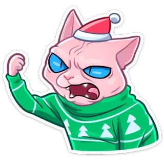 👊 Katze, Sphynx, Weihnachten, Weihnachtsmannmütze, wütend, Pullover, Cartoon, mürrisch whatsapp sticker