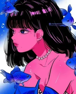 🍭 woman, fish, blue, pink, illustration, anime, portrait telegram sticker