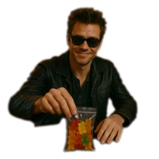 💡 Jim Carrey, ursos de goma, óculos de sol, jaqueta de couro, bolsa, doces, comediante, ator telegram sticker