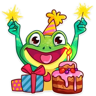 😀 frog, birthday, celebration, party, cake, gift, sparkler telegram sticker