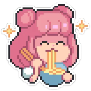 🍝 Ramen, Kawaii, Pixel Art, Mangiare, Carino, Noodles, Capelli Rosa telegram sticker
