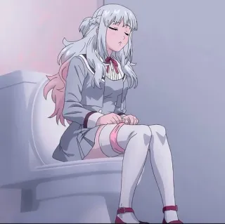 😗 アニメ, トイレ, 女の子, 座る, 制服, 白い髪, ピンクメッシュ whatsapp sticker