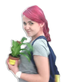 🌿 mujer, planta, pelo rosa, retrato, persona, sonriendo, planta de interior telegram sticker
