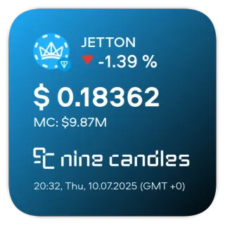 📊 JETTON
-1.39 %
$ 0.18362
MC: $9.87M
nine candles
20:32, Thu, 10.07.2025 (GMT +0) cryptocurrency, finance, investment, digital currency, market, JETTON, nine candles telegram sticker