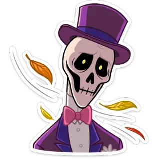 😞 骸骨, ハロウィン, 不気味, 秋, 葉, シルクハット, 蝶ネクタイ, スーツ telegram sticker