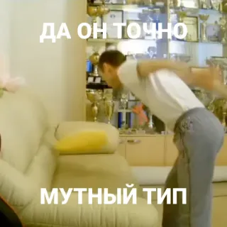 🪣 ДА ОН ТОЧНО 
МУТНЫЙ ТИП homme, canapé, trophées, texte, russe, intérieur, meubles telegram sticker