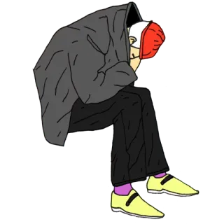 😣 persona, sentado, chaqueta, capucha, triste, personaje telegram sticker