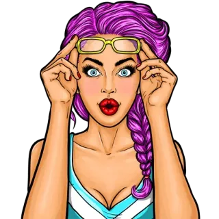 😲 Frau, lila Haare, Brille, Cartoon, Pop Art, Sticker, aufgeregt, weiblich telegram sticker