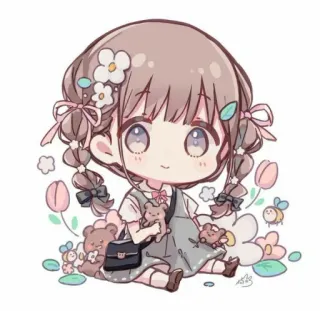 🥺 chibi, kawaii, anime, cute, girl, teddy bear, flowers, illustration, sticker telegram sticker