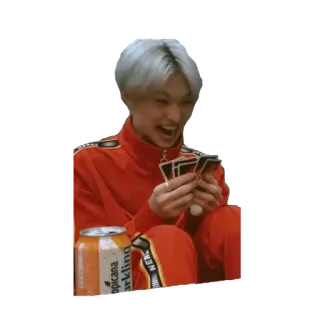 🤣 homme, cartes à jouer, soda orange, cheveux argentés, costume rouge, sourire telegram sticker