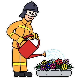 🌷 firefighter, watering, flowers, cartoon, garden, gardening, pot telegram sticker
