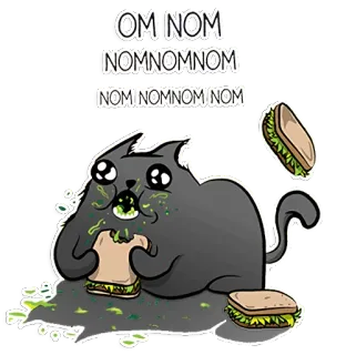 🍔 OM NOM NOMNOMNOM
NOMINOMNIMINOM gato, sanduíche, comendo, nham, desenho animado, animal telegram sticker