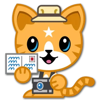 🎫 Katze, Cartoon, Tier, Tourist, Kamera, Postkarte, Safarihut, niedlich whatsapp sticker