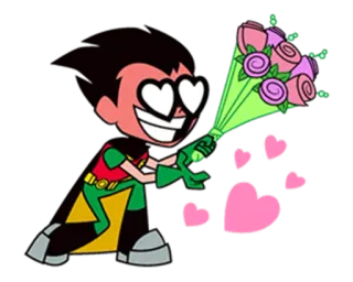 😔 Robin Teen Titans Go! amore, fiori, cuori, cartoni animati, supereroe telegram sticker