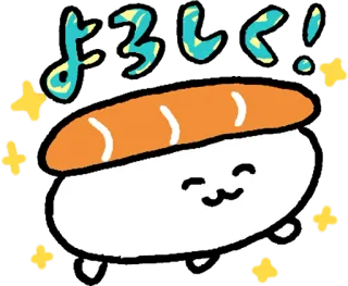 😊 よろしく! sushi, gato, fofo, kawaii, comida, japonês, brilhos, feliz whatsapp sticker