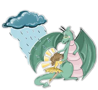 🌧 drago, ragazza, pioggia, nuvola, fantasy, cartone animato, amicizia, stravagante telegram sticker