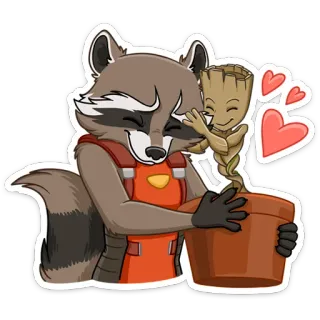 🥰 Rocket Raccoon, Groot Guardians of the Galaxy rakun, Groot, Guardians of the Galaxy, Marvel, persahabatan, pelukan, cinta telegram sticker