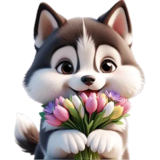 💐 Hund, Blumen, Husky, süß, Blumenstrauß, Haustier, Welpe whatsapp sticker