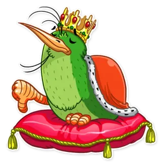 👎 pájaro, rey, corona, almohada, dibujo animado whatsapp sticker