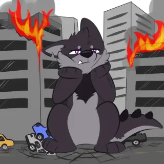 😞 Antro, Destruição, Fogo, Desenho animado, Lobo, Paisagem urbana telegram sticker