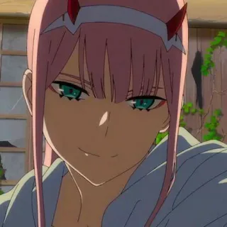 🍭 Zero Two Darling in the Franxx Anime, Zero Two, Darling in the Franxx, cabelo rosa, chifres, personagem telegram sticker
