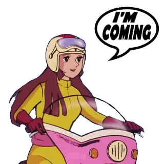 🏍 I'M COMING женщина, мультфильм, шлем, скутер, грядущий whatsapp sticker