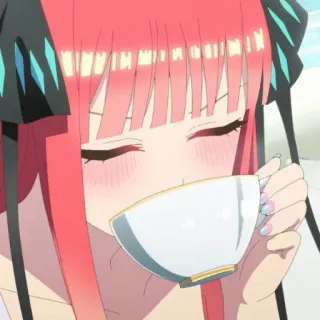 🍷 Nino Nakano The Quintessential Quintuplets Anime, Garota, Bebendo, Chá, Cabelo rosa whatsapp sticker
