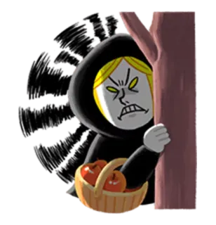 😠 maléfique, pommes, sorcière, capuche, en colère, dessin animé, arbre, panier whatsapp sticker