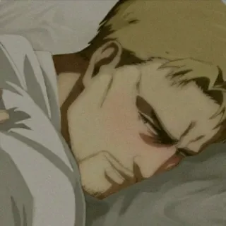 🐱 Reiner Braun Attack on Titan anime, sleepy, character, exhausted, bed, fanart whatsapp sticker