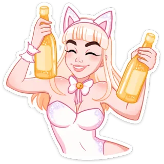 🥂 девушка-кошка, аниме, вечеринка, кошачьи уши, бутылки whatsapp sticker