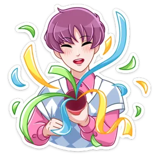 🥳 chico anime, colorido, cintas, camisa rosa, pelo morado, celebración, fanart telegram sticker