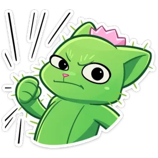 👊 cactus, chat, vert, en colère, coup de poing, dessin animé, autocollant telegram sticker