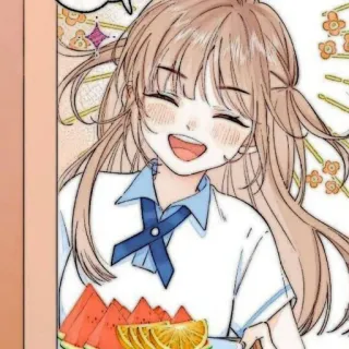 🧸 Fille anime, Personnage de dessin animé, Fruit, Pastèque, Orange, Joyeux, Mignon telegram sticker