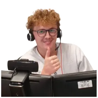 👍 homme, gamer, ordinateur, webcam, casque, pouce levé, lunettes telegram sticker
