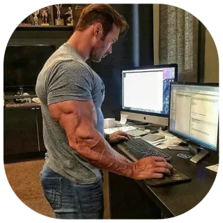 💪 muscle, bodybuilder, man, working, computer, office telegram sticker