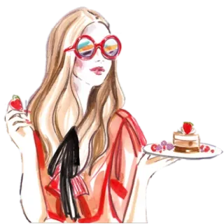😁 moda, mulher, morango, bolo, comida, sobremesa, ilustração, estilo whatsapp sticker