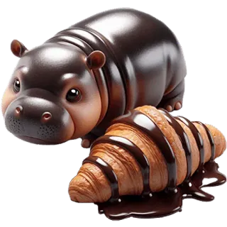 😋 hippo, crocodile, cute, cartoon, happy, chocolate, dessert, sweet, bakery, croissant telegram sticker