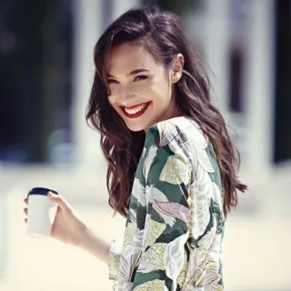 😌 woman, gal gadot, actress, portrait, coffee, smile telegram sticker
