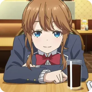 😏 动漫女孩, 校服, 棕色头发, 饮料, 可爱, 卡通 telegram sticker