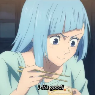☁️ I-It's good! anime, mujer, comiendo, pelo azul, palillos telegram sticker