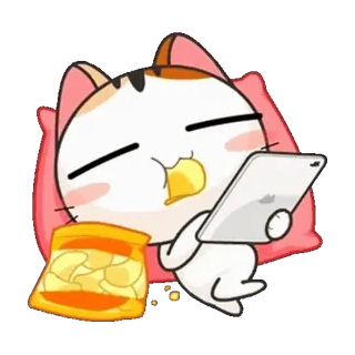 🦥 แมว, หมอน, แท็บเล็ต, มันฝรั่งทอด, ขี้เกียจ, น่ารัก, การ์ตูน telegram sticker