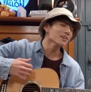 💦 pessoa, guitarra, chapéu bucket, jaqueta jeans, música, músico, apresentação telegram sticker