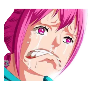 😭 menangis, sedih, anime, rambut merah muda, berkaca-kaca, emosional whatsapp sticker