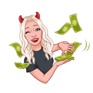 🤑 pieniądze, kobieta, kreskówka, rogi diabła, mruganie, gotówka, sukces, bogactwo telegram sticker