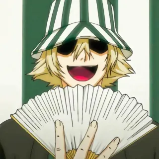 💜 Kisuke Urahara Bleach アニメ, マンガ, ファン, 帽子, 笑顔 telegram sticker