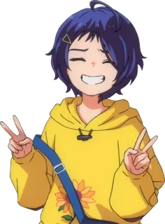 ✌️ アニメガール, 黄色いパーカー, ピースサイン, キャラクター, 漫画, 笑顔 whatsapp sticker